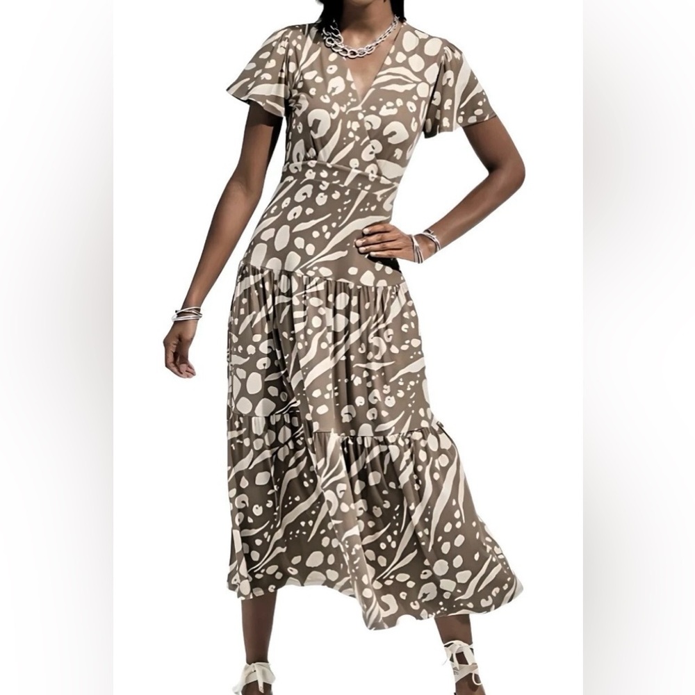 CAbi Swoon Taupe Patterned Tiered Midi Dress